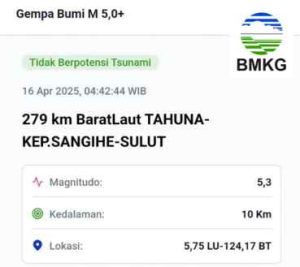 Gempa magnitudo 5,3 guncang laut Kepulauan Sangihe