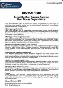 Fraksi NasDem Dukung Presiden Usut Tuntas Dugaan Makar