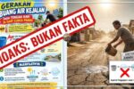 "Kolase cek fakta menampilkan pamflet hoaks gerakan buang air ke jalan untuk memancing hujan di musim kemarau dan ilustrasi ilmiah aspal kering."