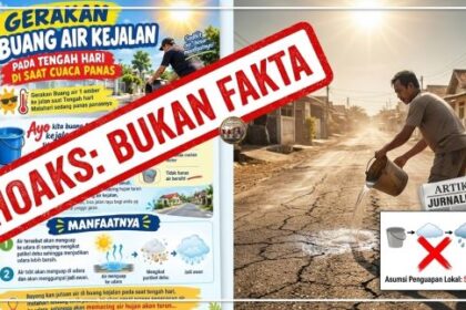 "Kolase cek fakta menampilkan pamflet hoaks gerakan buang air ke jalan untuk memancing hujan di musim kemarau dan ilustrasi ilmiah aspal kering."