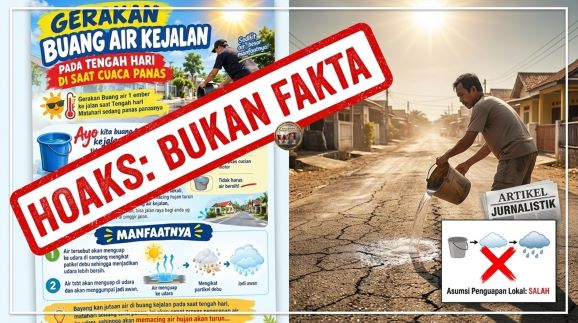 "Kolase cek fakta menampilkan pamflet hoaks gerakan buang air ke jalan untuk memancing hujan di musim kemarau dan ilustrasi ilmiah aspal kering."
